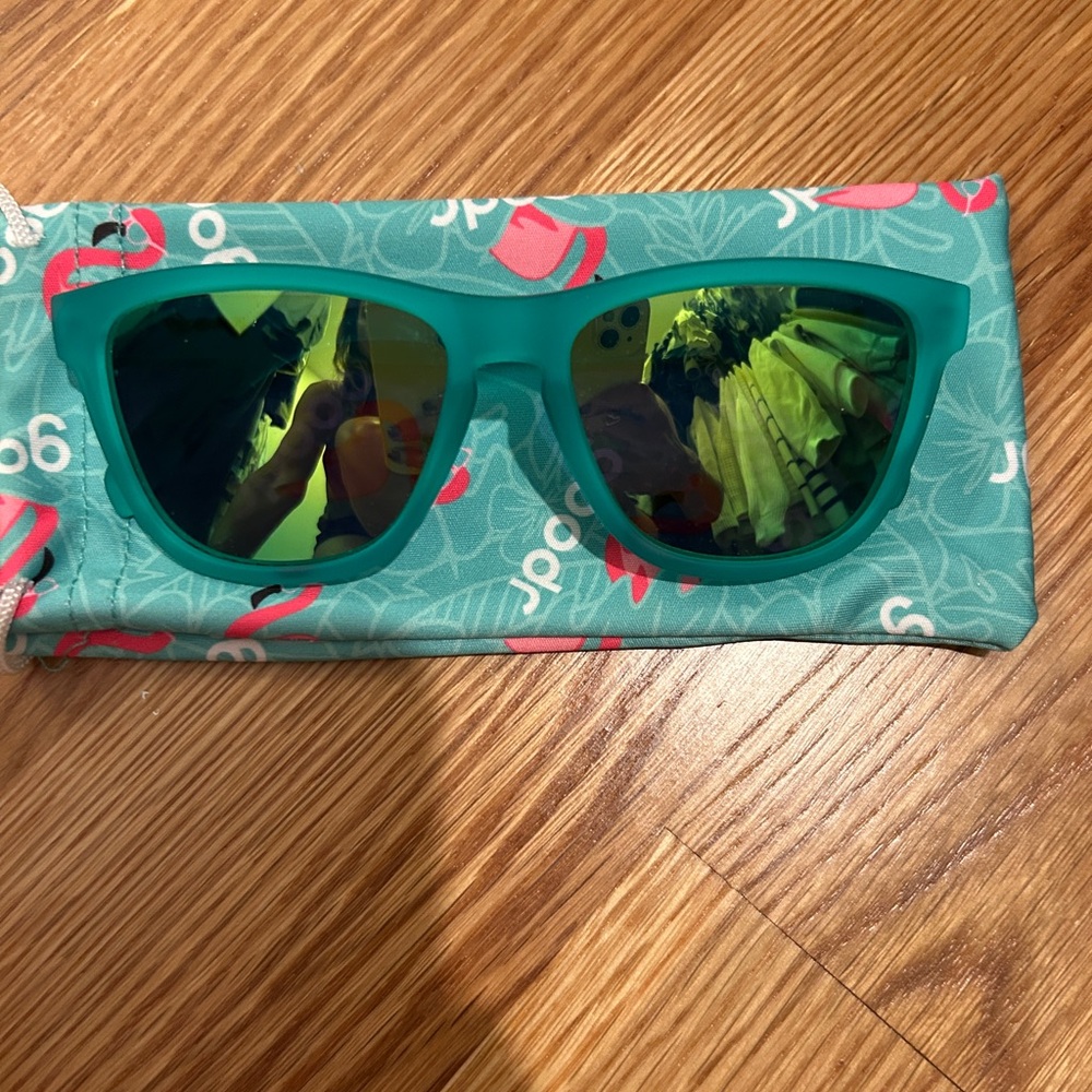 Goodr Teal Sunglasses with Flamingo Case